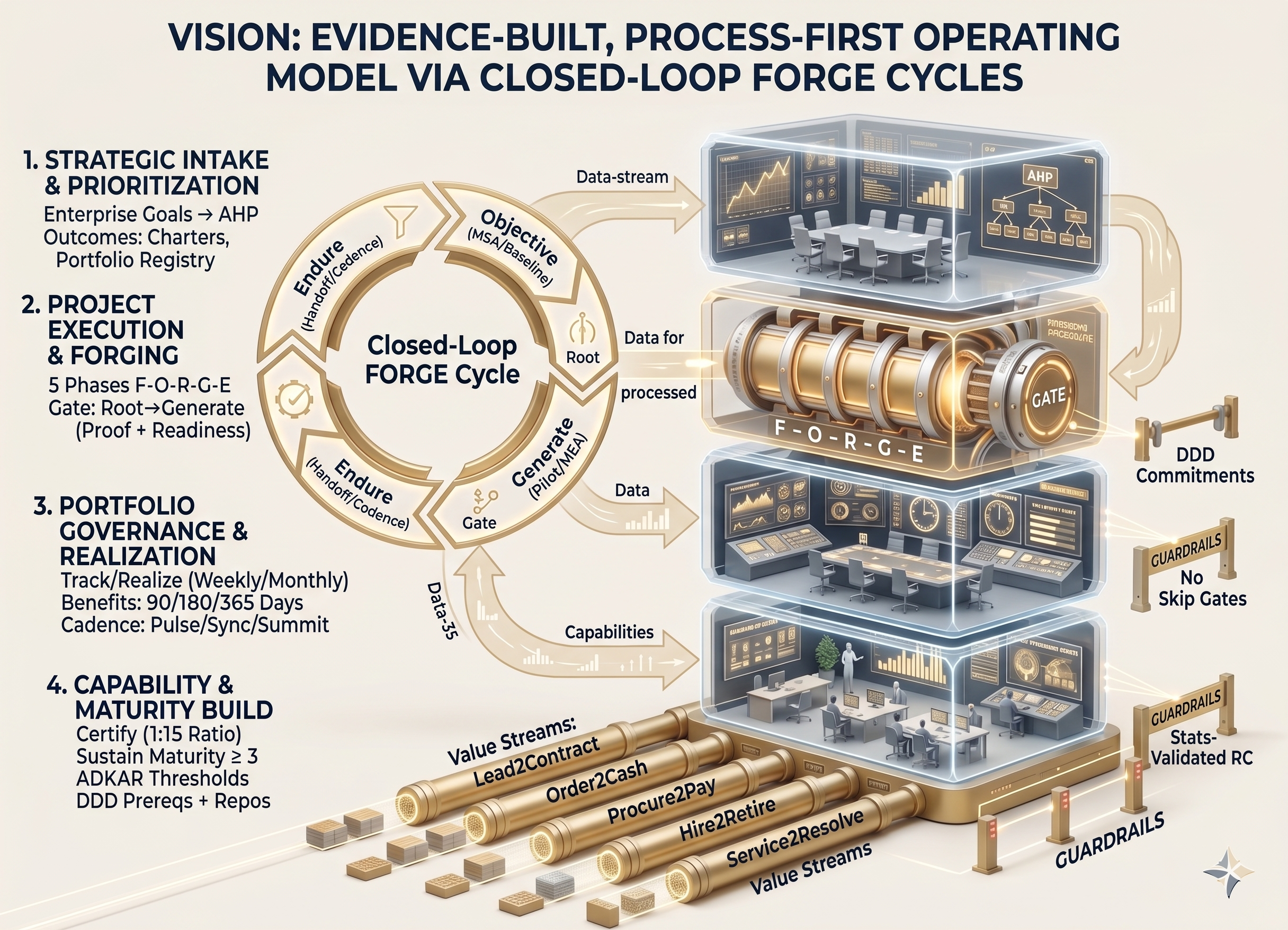 FORGE Closed-Loop Cycle Blueprint showing Strategic Intake, Project Execution, Portfolio Governance, and Capability Build across all five phases